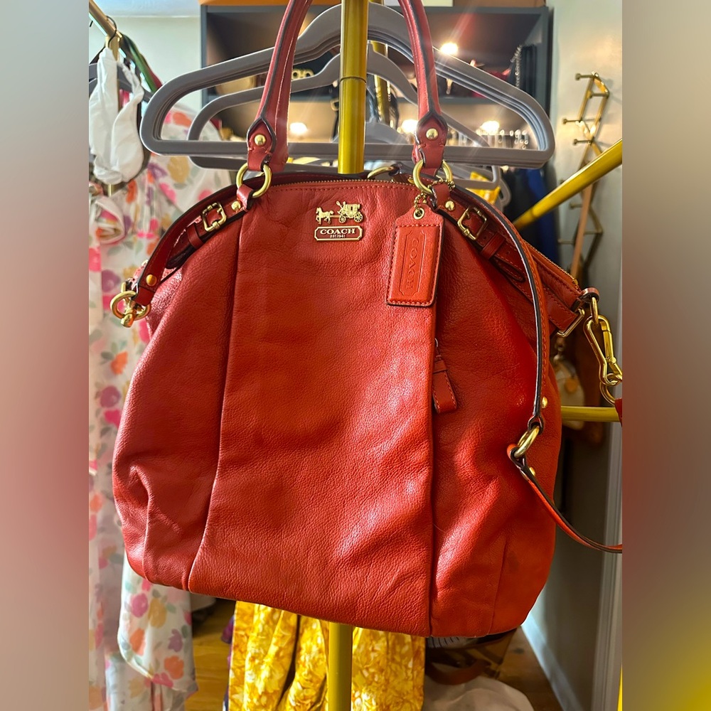 Coach Red/Orange Leather Shoulder Bag with Gold Hardware